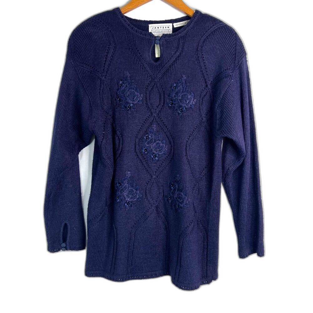 Jantzen Classics Vintage Hand Embroidered Navy Blue Sweater‎ Size Small